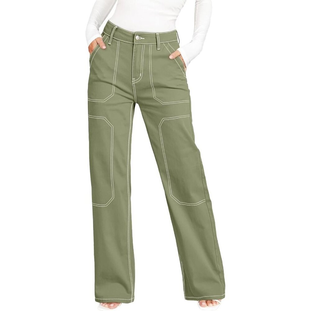 Women's Grass Green Casual Mid Waist Stretch Button Wide Leg Denim Cargo Pants